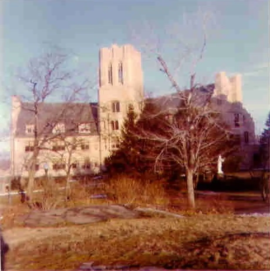 Ladycliff campus buildings with a stone tower, seen in winter