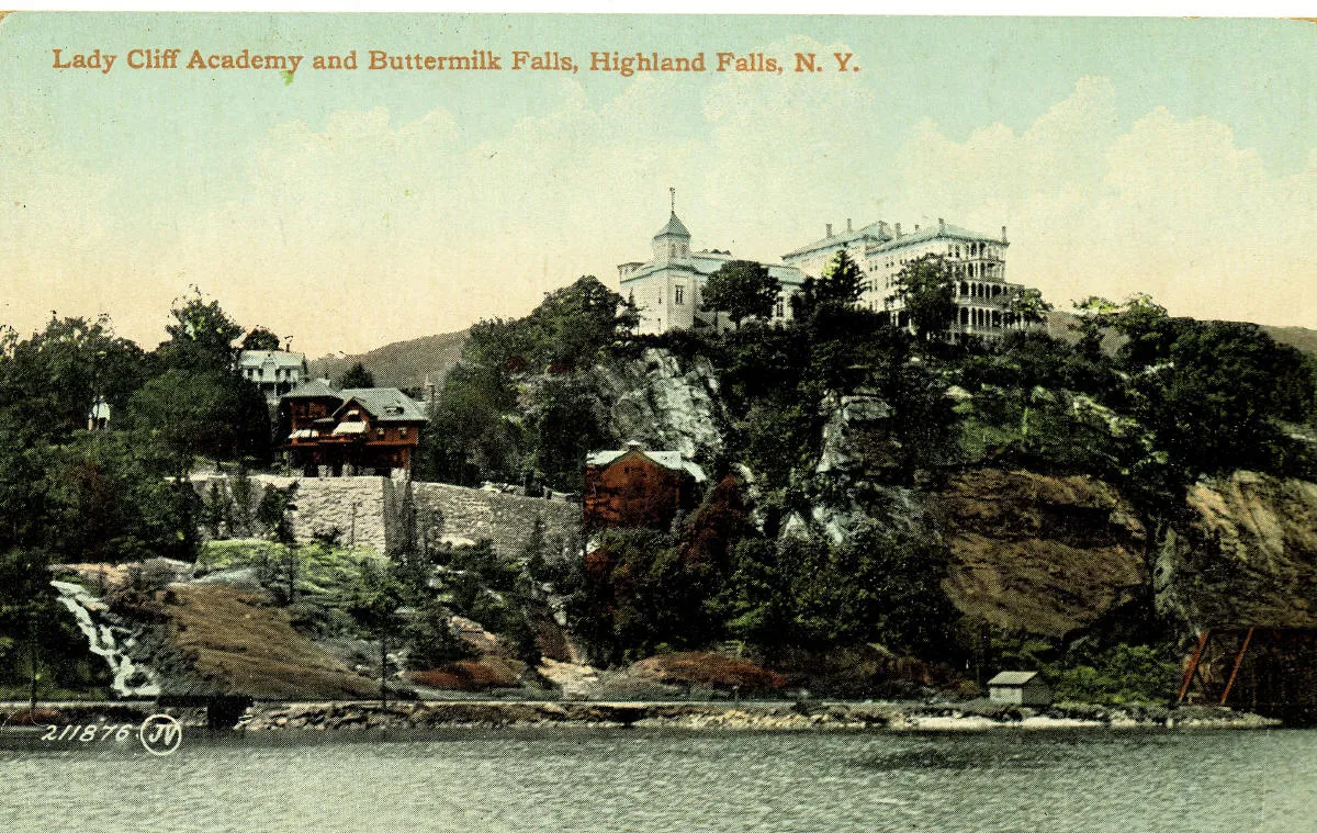 Vintage postcard: Lady Cliff Academy and Buttermilk Falls, Highland Falls