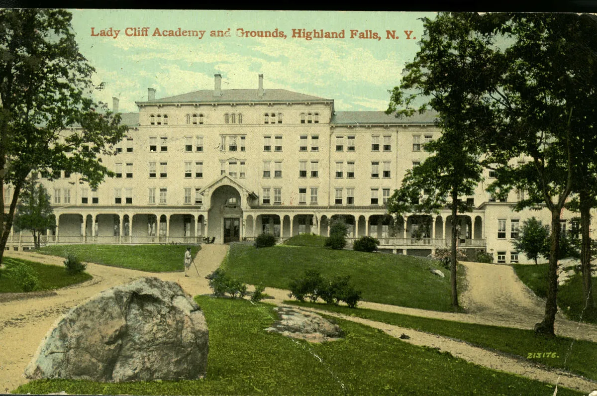 Early twentieth century postcard of Lady Cliff Academy and its terraced grounds, Highland Falls